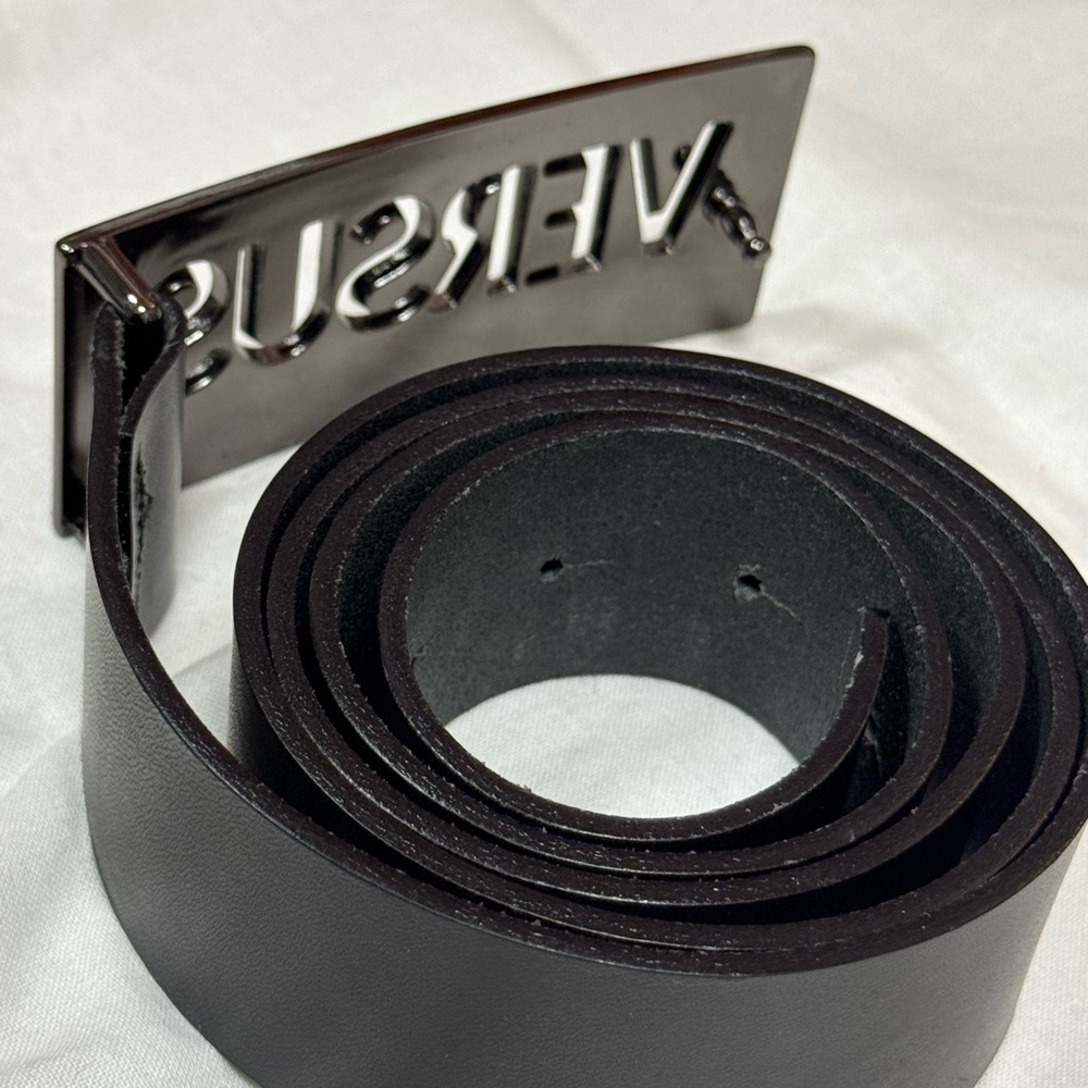 Versace Black Leather Belt with Silver Buckle